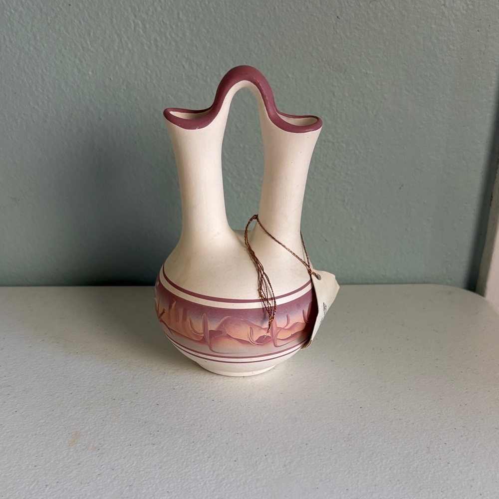 New West Pottery Cream and Mauve Double-Spout Ceramic Wedding Vase